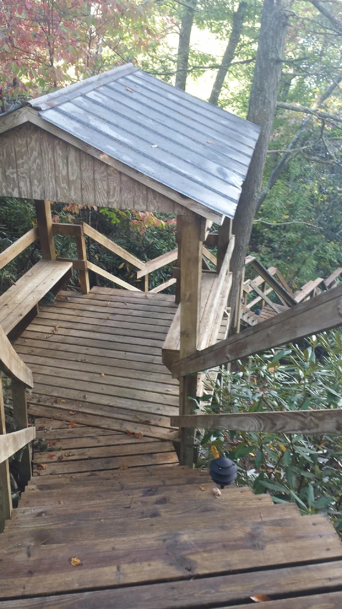 Metal roofed shelter over wooden steps on a wooded walkway — Skylight Repair & Installation work by our crew in Pella